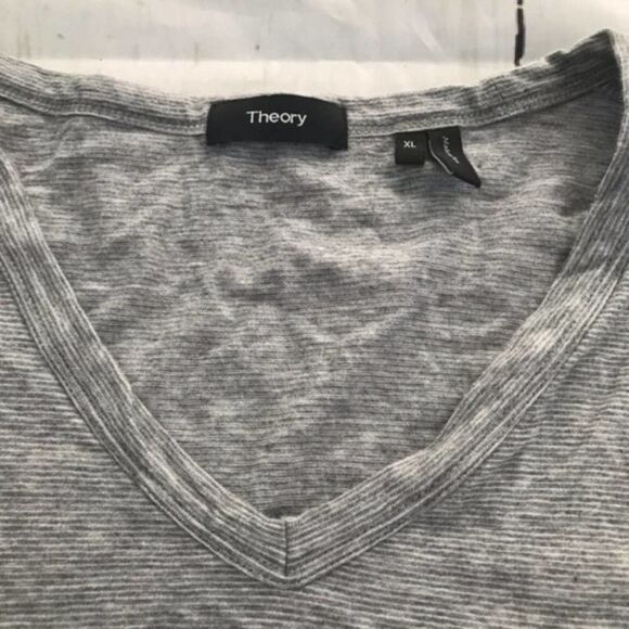 Theory MENS Gaskell Gray White pinstripe Short sleeve V Neck T-shirt XL - Picture 2 of 4